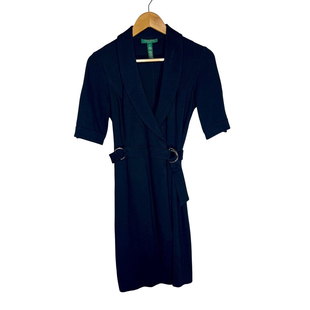 Lauren Ralph Lauren Dress Size 2 Black Shawl Collar O-Ring Faux Wrap Knee Length